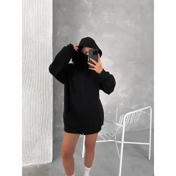 Kadın Samuray Ninja Çift Kapüşonlu Maske Detaylı 3 İplik Hoodie - Siyah