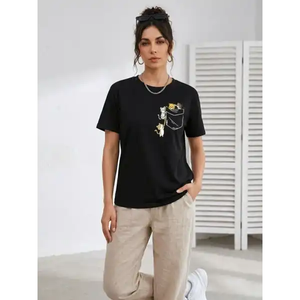 Kadın Sevimli Kedi Cep Baskılı Tişört Kısa Kol Yazlık T-Shirt - Siyah