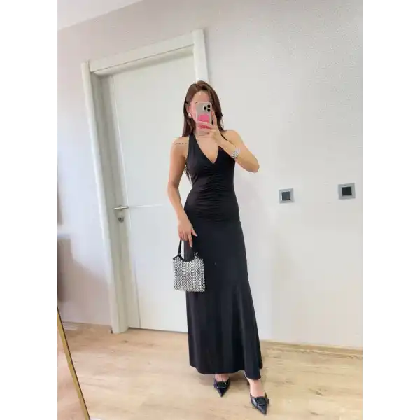 Kadın Sırt dekolteli Uzun Elbise - Siyah