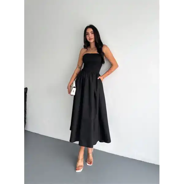 Kadın Straplez Pileli Elbise - Siyah