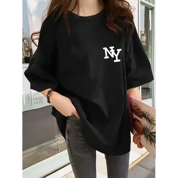 Kadın T-shirt Bisiklet yaka  NY Baskılı kısa kol Tişört - Siyah