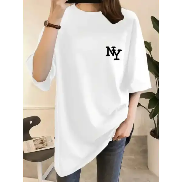 Kadın T-shirt Eğlenceli Harf NY Baskılı Bisiklet Yaka Tişört - Beyaz