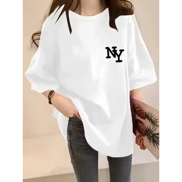 Kadın T-shirt Eğlenceli Harf NY Baskılı Bisiklet Yaka Tişört - Beyaz