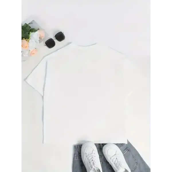 Kadın T-Shirt Ördek Baskılı Bisiklet Yaka Kısa kol Tişört - Beyaz