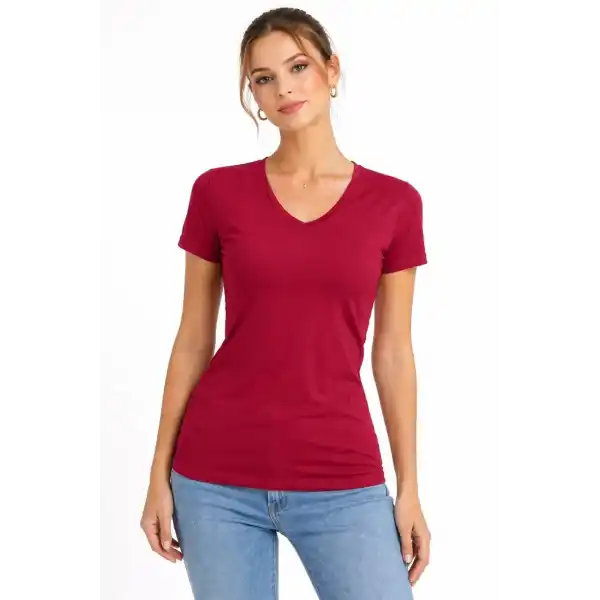 Kadın T-Shirt V Yaka Slim Fit Likralı Tişört Yazlık Basic Body - Kırmızı