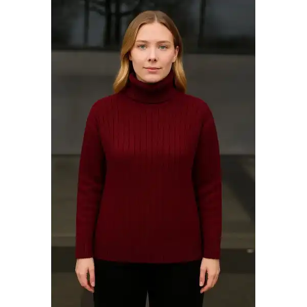 Kadın Tam Boğazlı Balıkçı Yaka Triko Kazak Kalın Fitilli - Bordo
