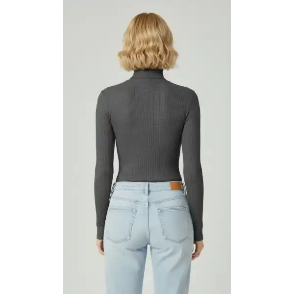Kadın Tam Boğazlı Fitilli Likrali Kaşkorse Slimfit Badi  - Antrasit