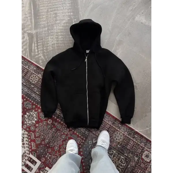 Kadın Tam Fermuarlı Cepli Kapüşonlu 3 iplik pamuklu hoodie Sweatshirt - Siyah