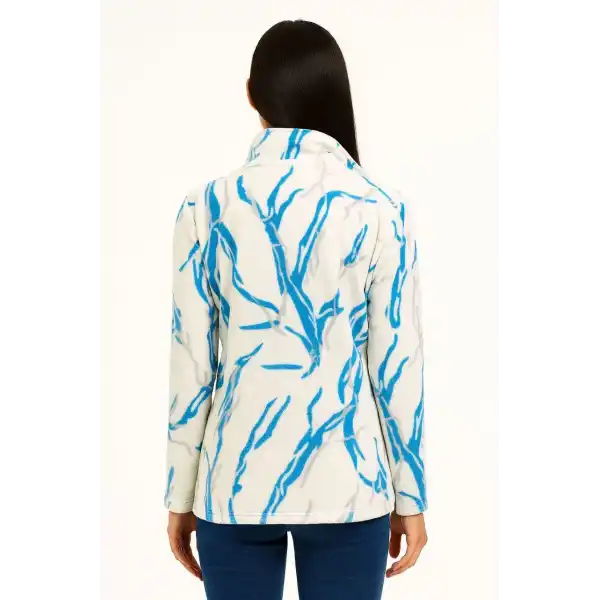 Kadın Tam Fermuarlı Desenli Polar Sweat Lightning Desen Yakalı, Uzun Kollu, Oversize Rahat Kalıp - Beyaz