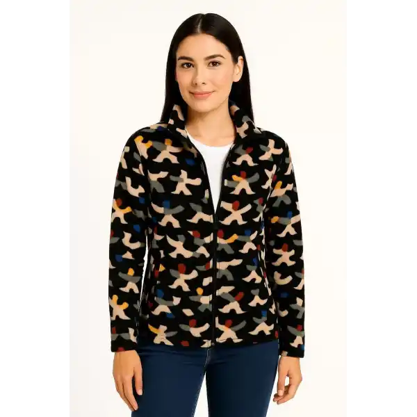 Kadın Tam Fermuarlı Desenli Polar Sweat – Siyah Multicolor Figür Desen Yakalı, Uzun Kollu, Oversize Rahat Kalıp - Siyah