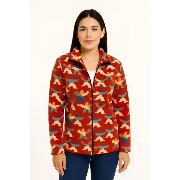 Kadın Tam Fermuarlı Desenli Polar Sweat – Siyah Multicolor Figür Desen Yakalı, Uzun Kollu, Oversize Rahat Kalıp - Kiremit