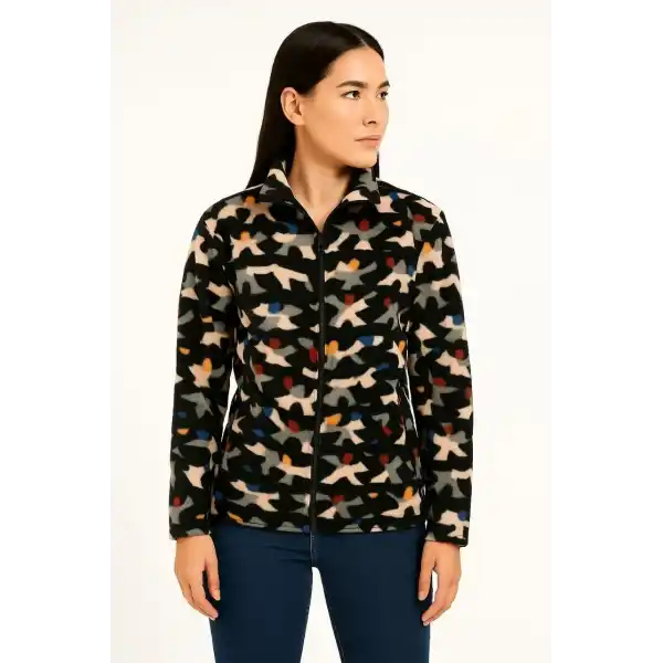 Kadın Tam Fermuarlı Desenli Polar Sweat – Siyah Multicolor Figür Desen Yakalı, Uzun Kollu, Oversize Rahat Kalıp - Siyah