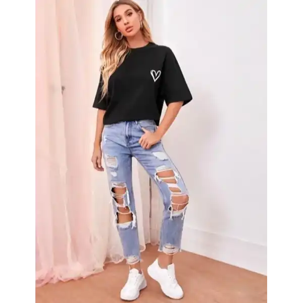Kadın Tişört Bisiklet Yaka Baskılı Oversize T-Shirt - Siyah