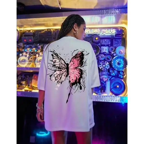 Kadın Tişört Kelebek Baskılı Oversize Kısa Kol T-Shirt - Beyaz