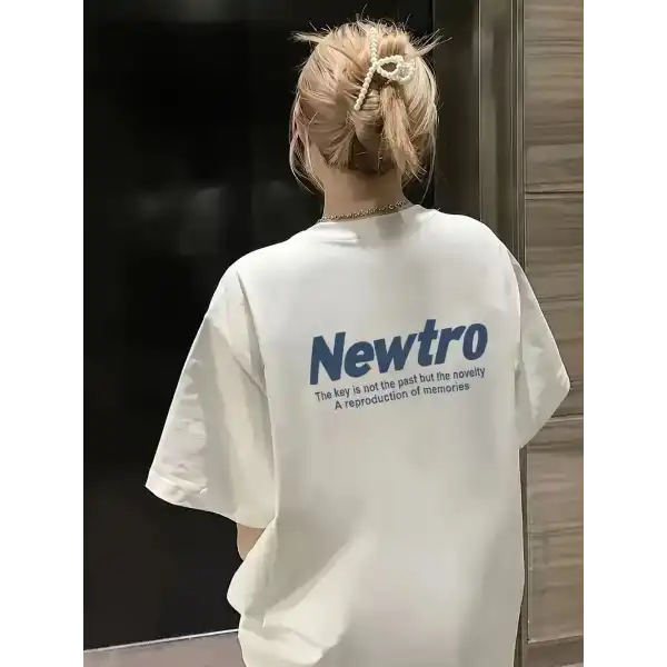 Kadın Tişört Newtro Baskılı Oversize Bisiklet Yaka T-shirt - Beyaz