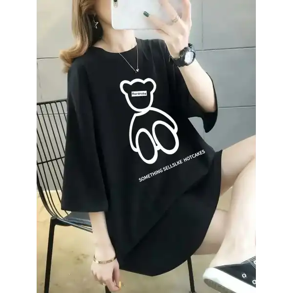 Kadın Tişört Penye Compack Baskılı Oversize Bisiklet Yaka T-shirt - Siyah