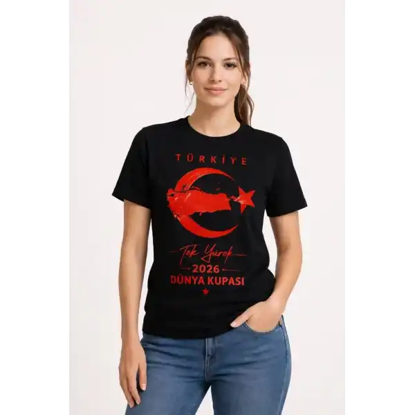 Kadın TÜRKİYE Ay Yıldız 2026 Dünya Kupasi Taraftar Forma T-Shirt - Siyah