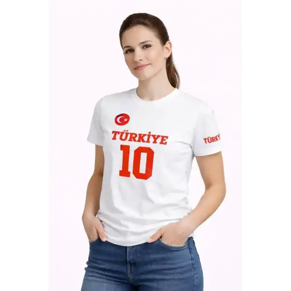 Kadın TÜRKİYE Ay Yıldız Baskılı 10 Numara Forma Tişört Taraftar T-Shirt - Beyaz