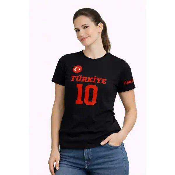 Kadın TÜRKİYE Ay Yıldız Baskılı 10 Numara Forma Tişört Taraftar T-Shirt - Siyah