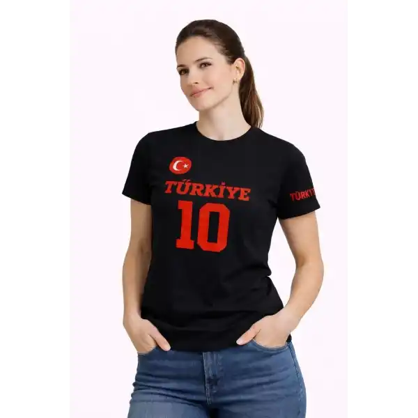 Kadın TÜRKİYE Ay Yıldız Baskılı 10 Numara Forma Tişört Taraftar T-Shirt - Siyah