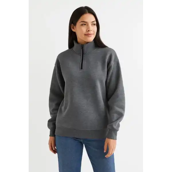 Kadın Üç İplik Dık Yaka Yarım Fermuarlı SweatShirt - Antrasit