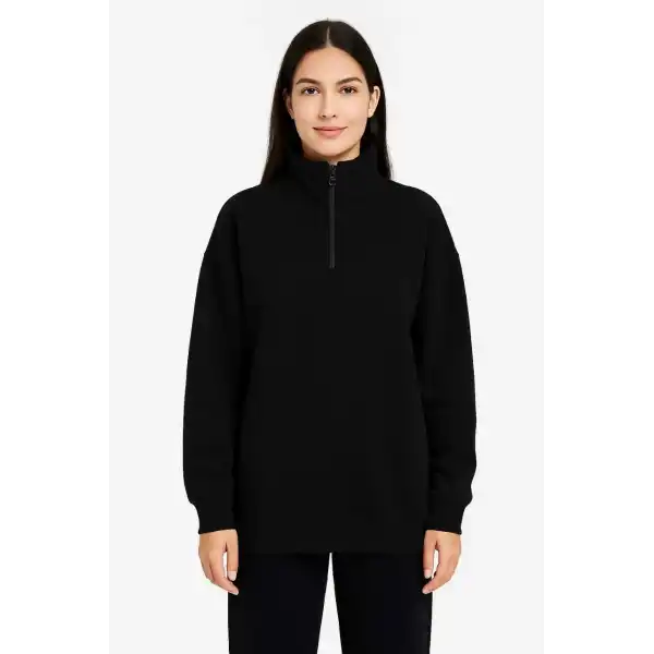 Kadın Üç İplik Dık Yaka Yarım Fermuarlı SweatShirt - Siyah
