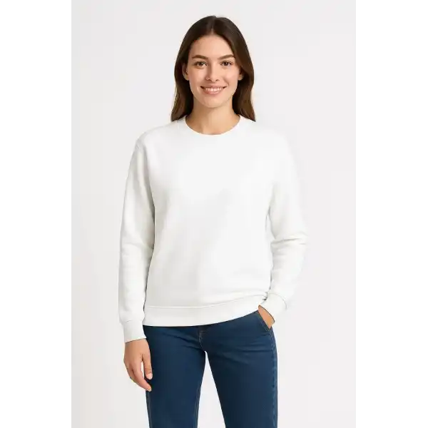 Kadın Üç İplik Düz Bisiklet Yaka SweatShirt - Beyaz