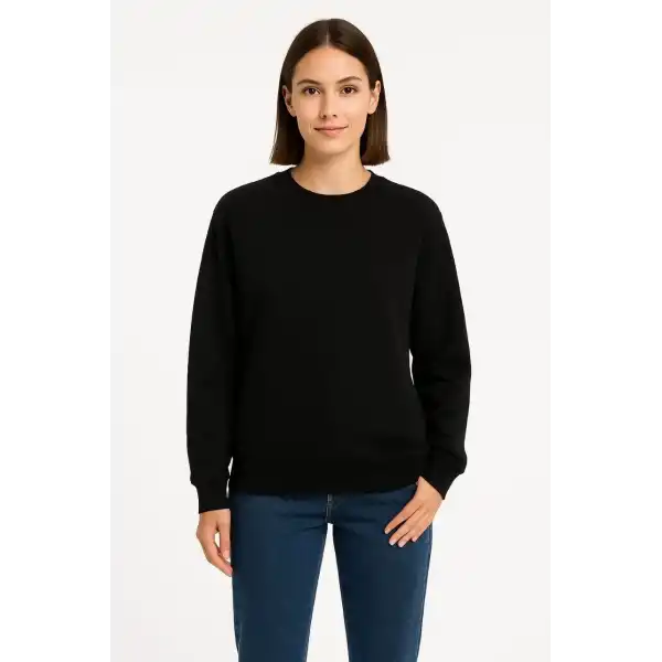 Kadın Üç İplik Düz Bisiklet Yaka SweatShirt - Siyah