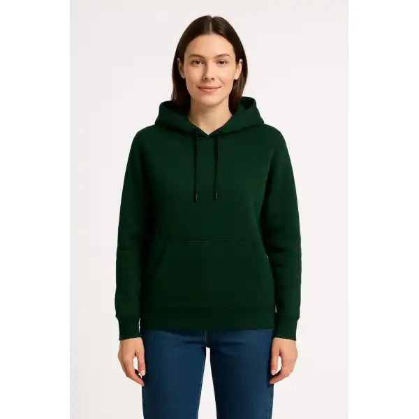 Kadın Üç İplik Kapüşonlu Kanguru Cepli Sweatshirt hoodie - Haki