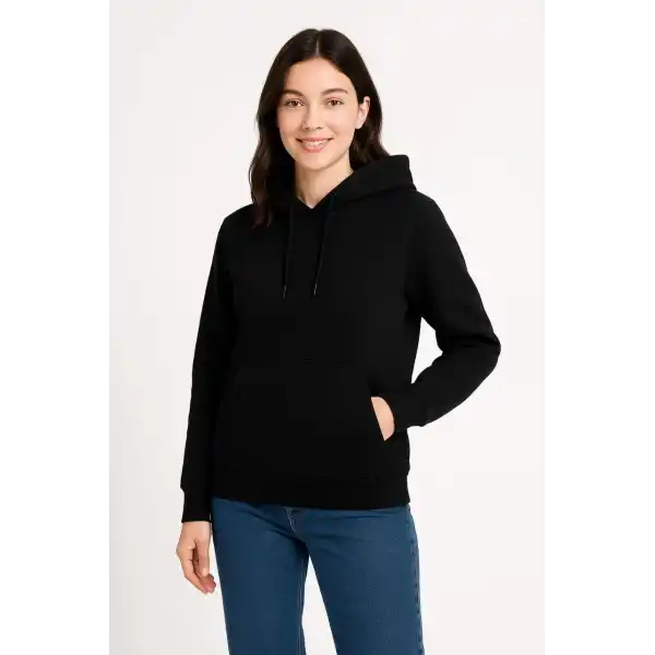 Kadın Üç İplik Kapüşonlu Kanguru Cepli Sweatshirt hoodie - Siyah