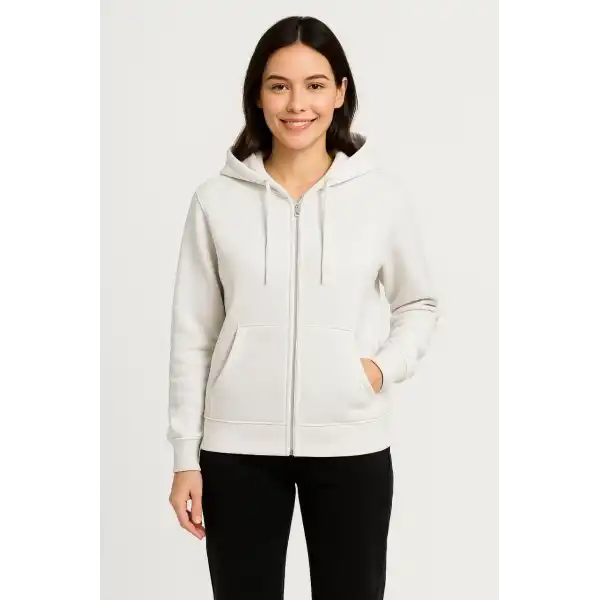Kadın Üç İplik Kapüşonlu Tam Fermuarlı Kanguru Çepli SweatShirt Hoodie - Beyaz