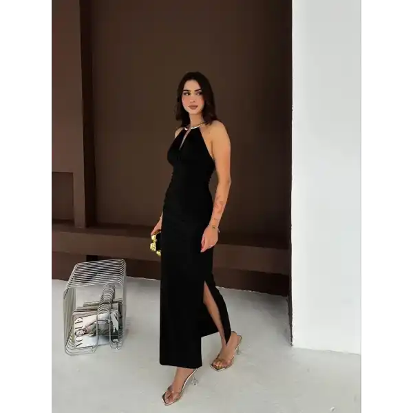 Kadın Uzun Abiye Elbise Yırtmaçlı Sırt Dekolteli Şık Gece Elbisesi - Siyah