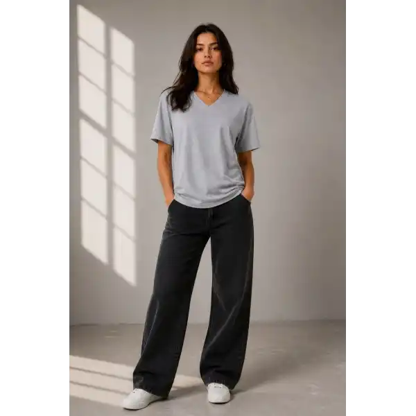 Kadın V Yaka Basic Tişört Kısa Kol Yazlık Regular Fit T-Shirt - Gri