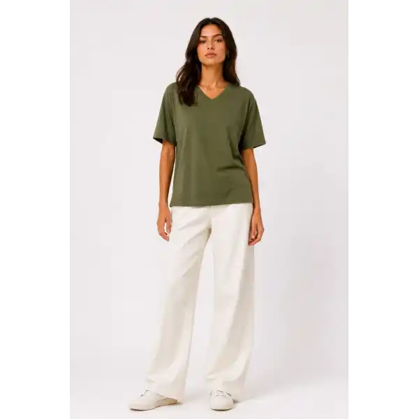 Kadın V Yaka Basic Tişört Kısa Kol Yazlık Regular Fit T-Shirt - Haki