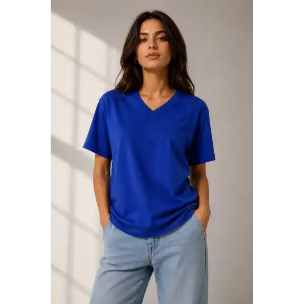 Kadın V Yaka Basic Tişört Kısa Kol Yazlık Regular Fit T-Shirt - Saks Mavisi