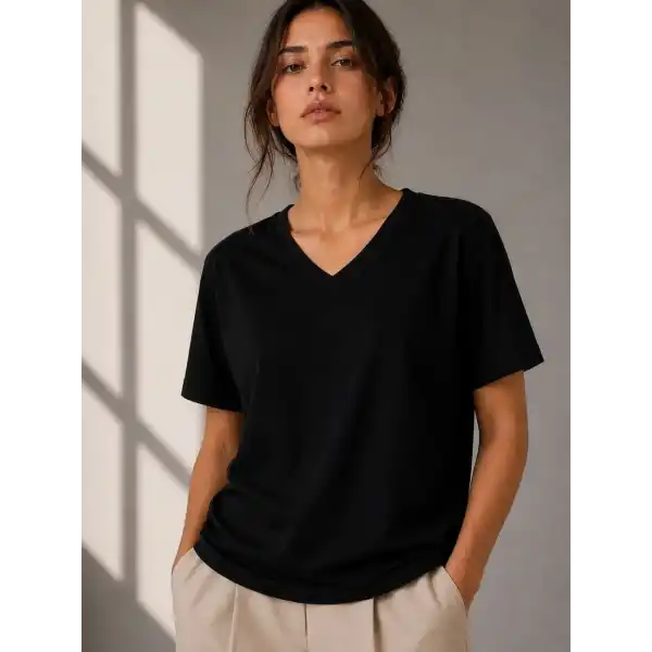 Kadın V Yaka Basic Tişört Kısa Kol Yazlık Regular Fit T-Shirt - Siyah
