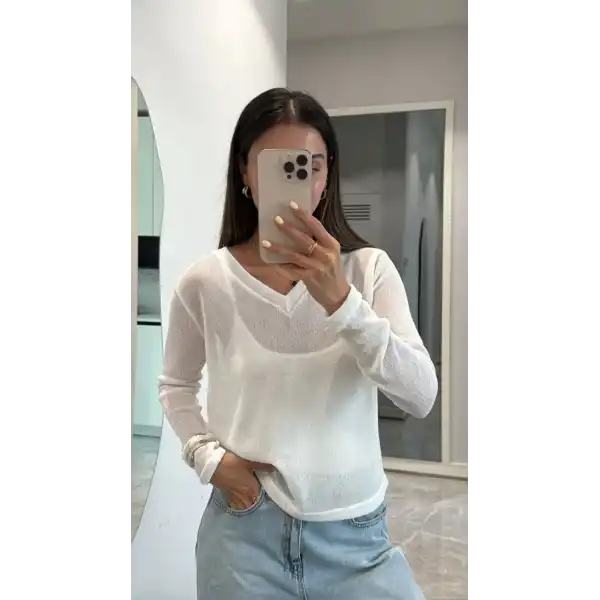 Kadın V Yaka uzun Kollu Triko ince Bluz - Beyaz