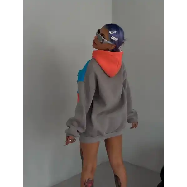 Kadın W Nakış İşlemeli Kapüşonlu 3 iplik pamuklu Parçalı Sweatshirt Hoodie - Mavi
