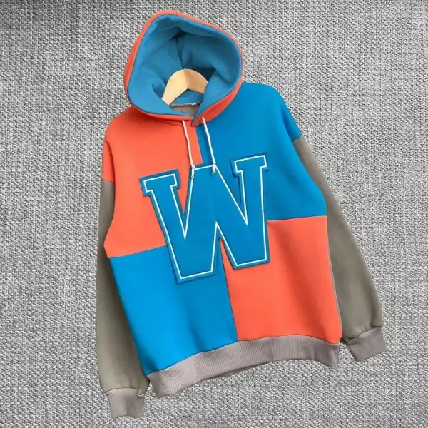 Kadın W Nakış İşlemeli Kapüşonlu 3 iplik pamuklu Parçalı Sweatshirt Hoodie - Mavi