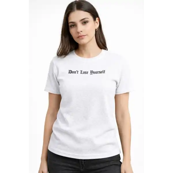 Kadın Wafıl Kumaş Tişört Regular Kalıp Bisiklet Yaka Baskılı T-Shirt - Beyaz