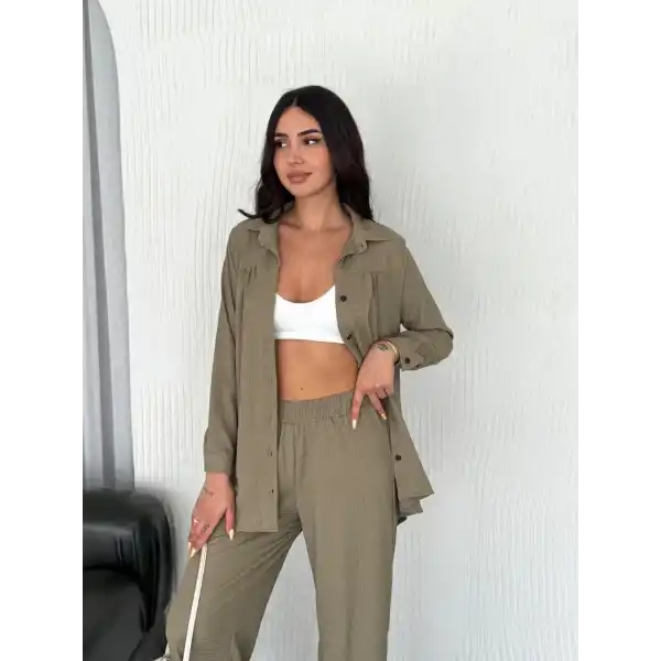 Kadın Yakalı Düğmeli Uzun Kollu Gömlek Pantolon ikili Takım - Bej