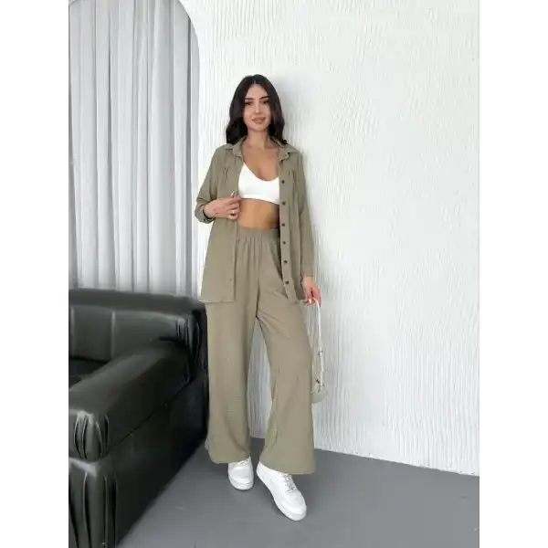 Kadın Yakalı Düğmeli Uzun Kollu Gömlek Pantolon ikili Takım - Bej
