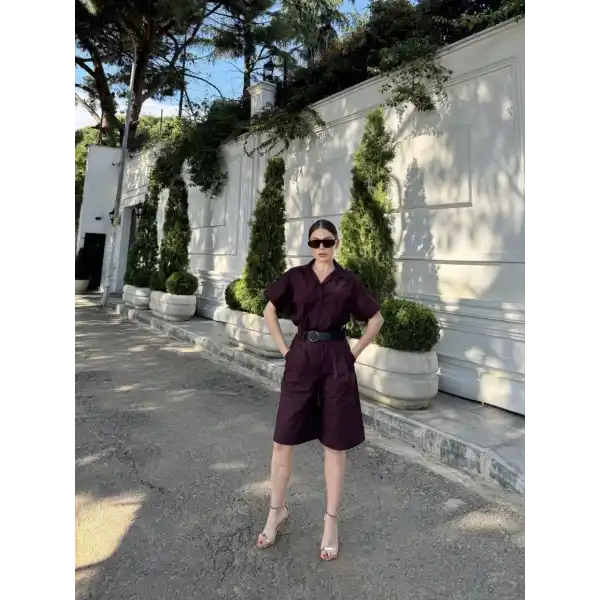 Kadın Yakalı Gömlek Kemerli Şortlu Takım - Bordo