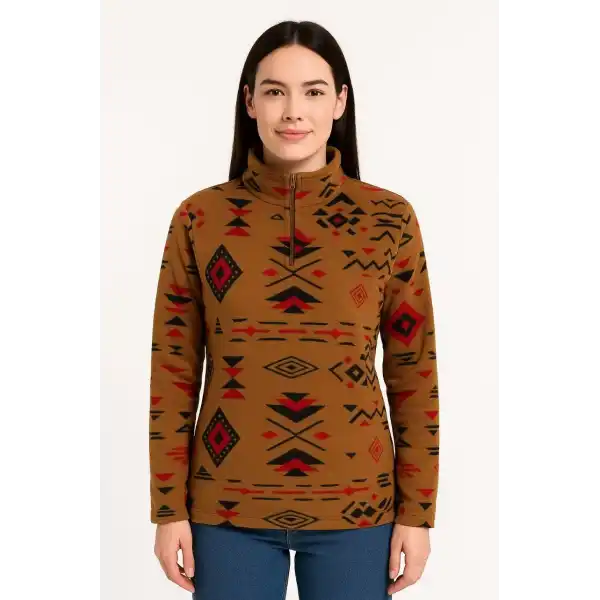 Kadın Yarım Fermuarlı Desenli Polar Sweat Tribal Etnik Desen Yakalı, Uzun Kollu, Oversize Rahat Kalıp - Kahverengi