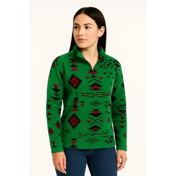 Kadın Yarım Fermuarlı Desenli Polar Sweat Tribal Etnik Desen Yakalı, Uzun Kollu, Oversize Rahat Kalıp - Yeşil