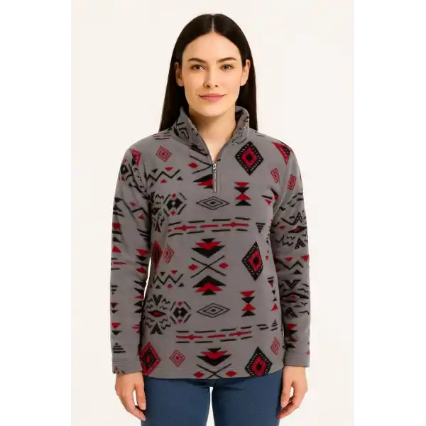 Kadın Yarım Fermuarlı Desenli Polar Sweat Tribal Etnik Desen Yakalı, Uzun Kollu, Oversize Rahat Kalıp - Füme