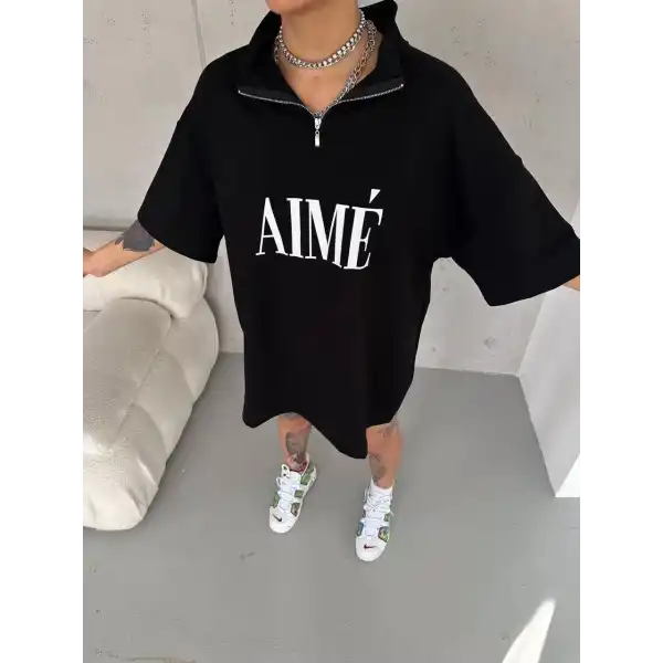 Kadın Yarım Fermuarlı Tişört Baskılı T-Shirt - Siyah