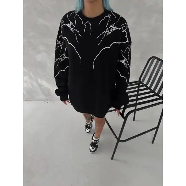 Kadın Yıldırım Baskılı Bisiklet Yaka 3 iplik pamuklu SweatShirt - Siyah