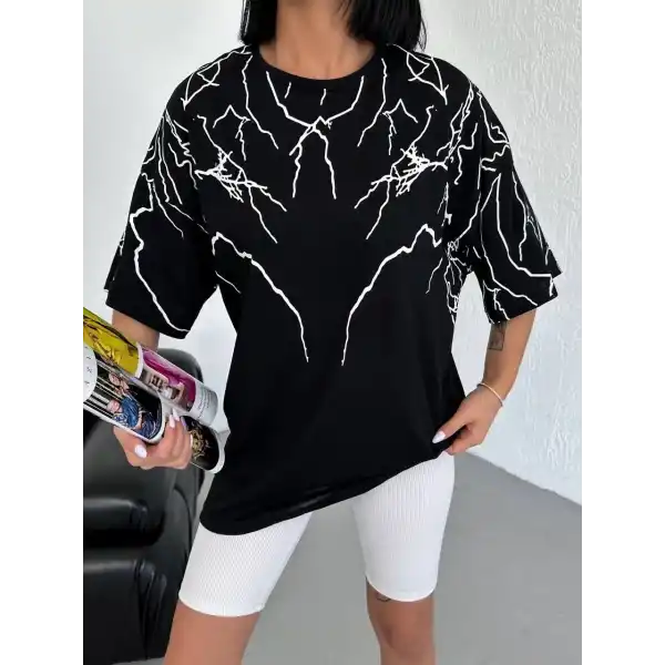 Kadın Yıldırım şimşek Baskılı T-Shirt Kısa Kol Bisiklet Yaka Oversize Tişört - Siyah