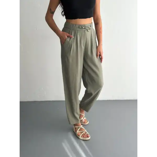Kadın Yüksel Bel Beli Bağcıklı Cepli Rahat Paça Pantolon - Su Yeşili